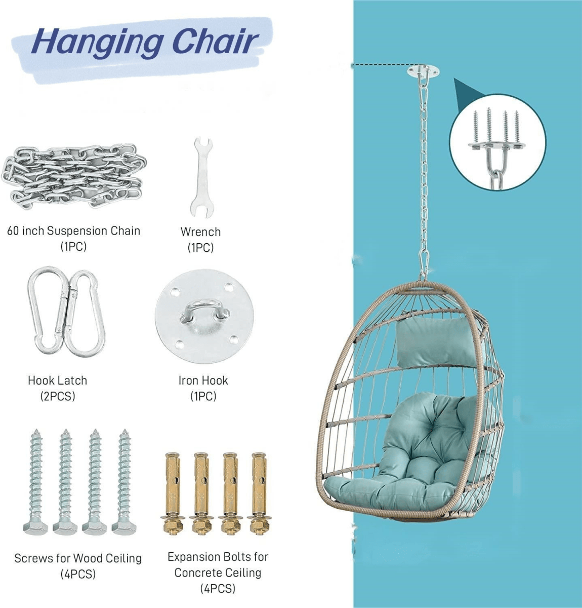 Outdoor Rattan Hanging Swing Chair with Red Cushions - Hanging Chair