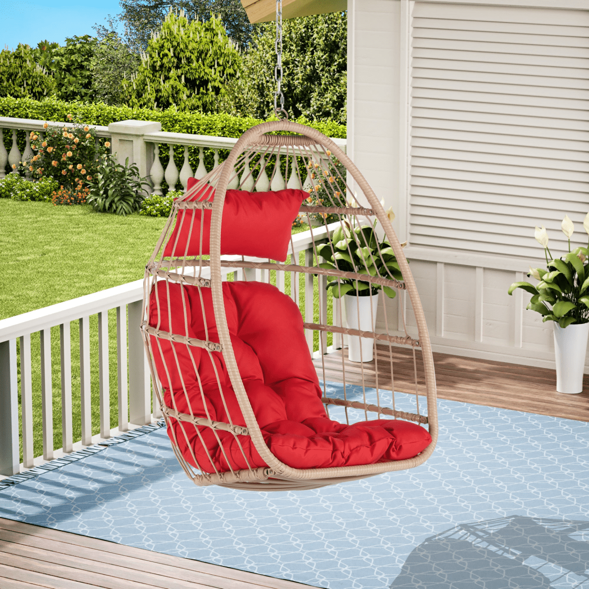 Outdoor Rattan Hanging Swing Chair with Red Cushions - Hanging Chair