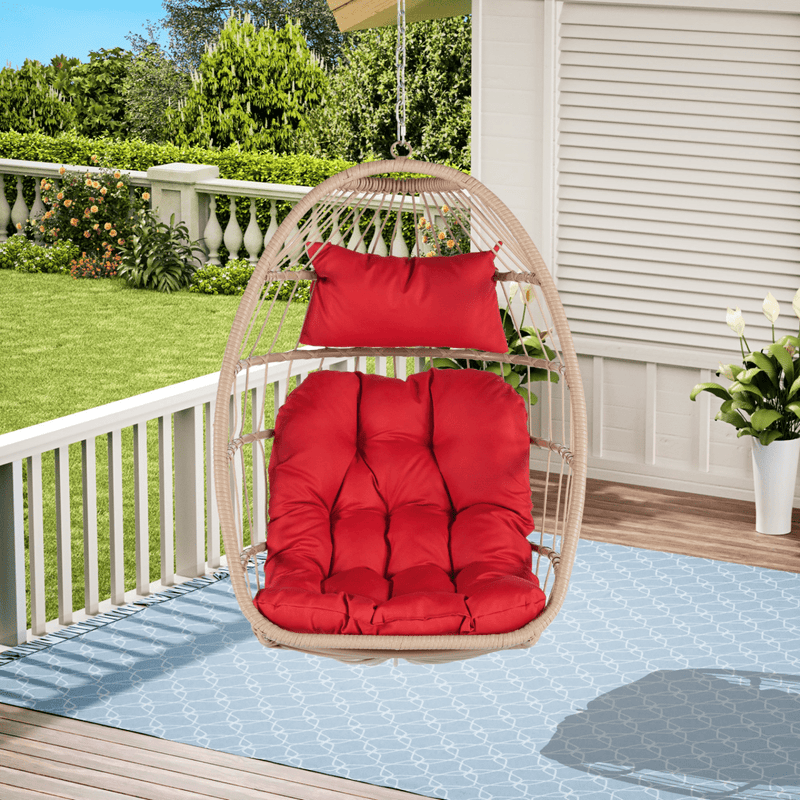 Outdoor Rattan Hanging Swing Chair with Red Cushions