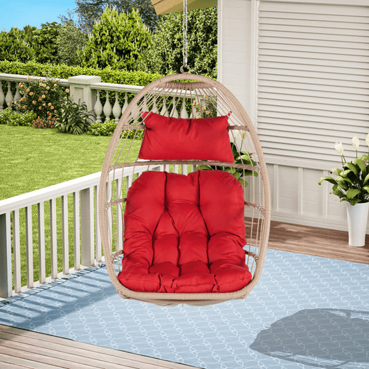 Outdoor Rattan Hanging Swing Chair with Red Cushions - Hanging Chair