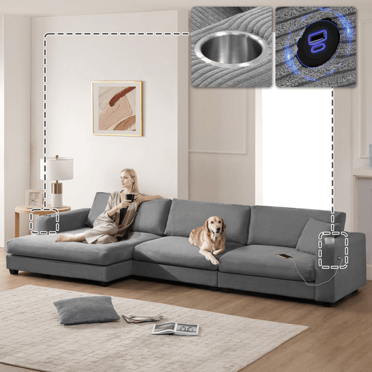Oversized Corduroy Sectional Sofa – L - Shaped Cloud Couch with USB & Cup Holder - 