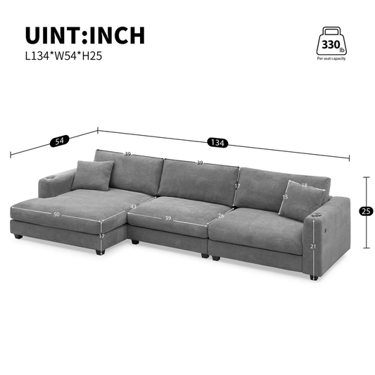 Oversized Corduroy Sectional Sofa – L - Shaped Cloud Couch with USB & Cup Holder - 