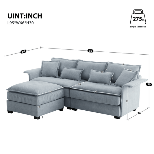 Oversized Luxury L - Shaped Sectional Sofa – 4 - Seater with Bentwood Armrests & Convertible Ottoman - 