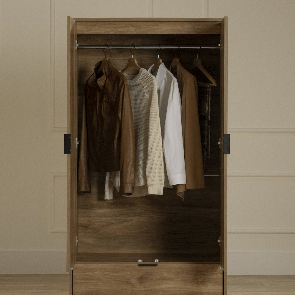 Oxford Wardrobe Armoire, Natural Mango – Stylish Vertical Storage with Wardrobe Rod and Large Drawer - AnelityBG3800741 - 36154252066311110210