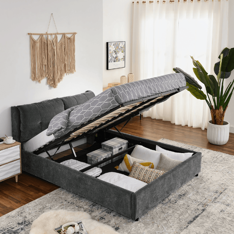 Queen Storage Bed – Hydraulic Lift, Chenille HB – Grey