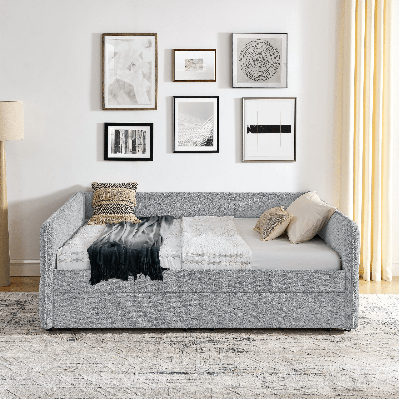 Queen Size Upholstered Tufted Daybed with Trundle & Storage Drawers – Grey Boucle Fabric - AnelityDaybed with TrundleW1413S00073 - 36061507