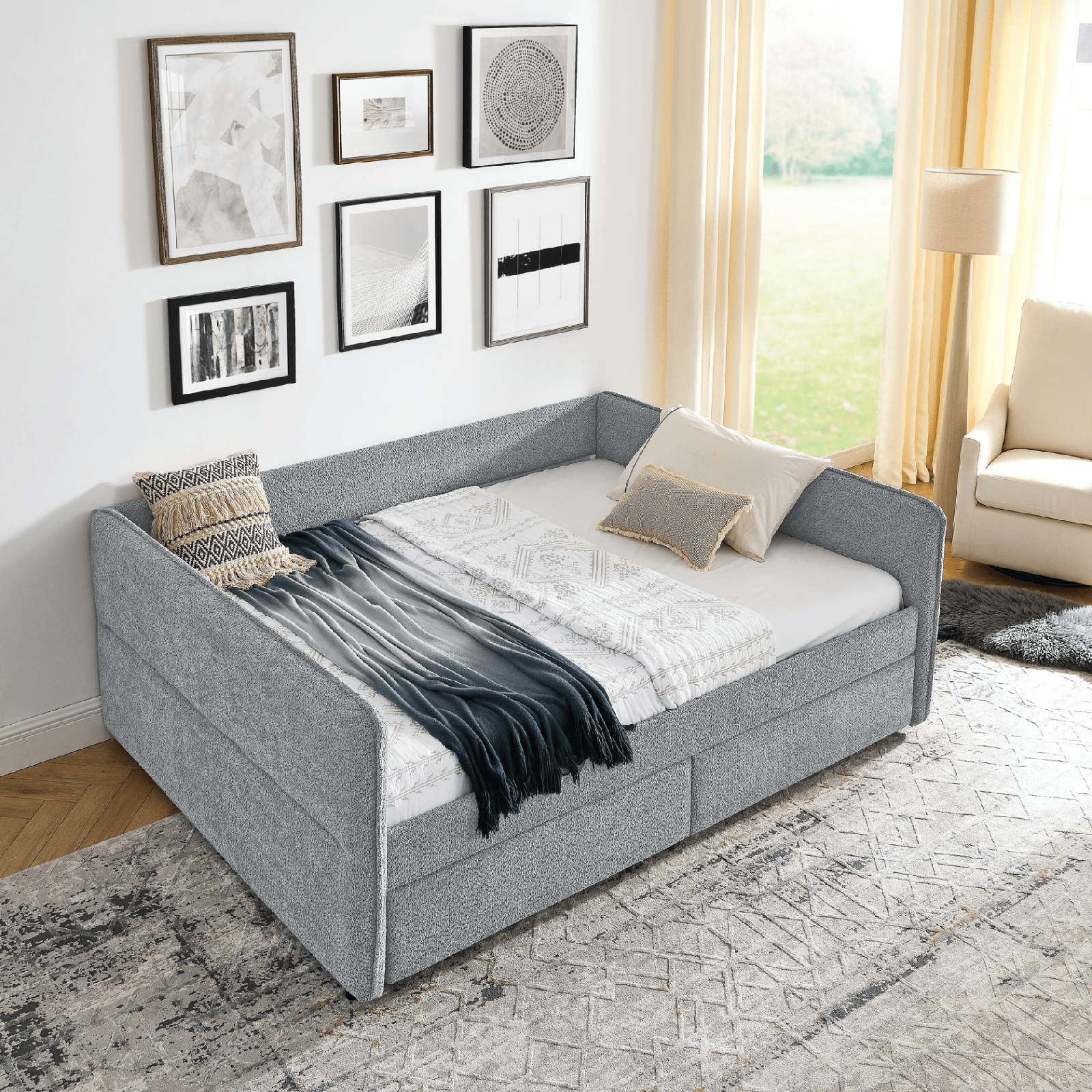 Queen Size Upholstered Tufted Daybed with Trundle & Storage Drawers – Grey Boucle Fabric - AnelityDaybed with TrundleW1413S00073 - 36061507