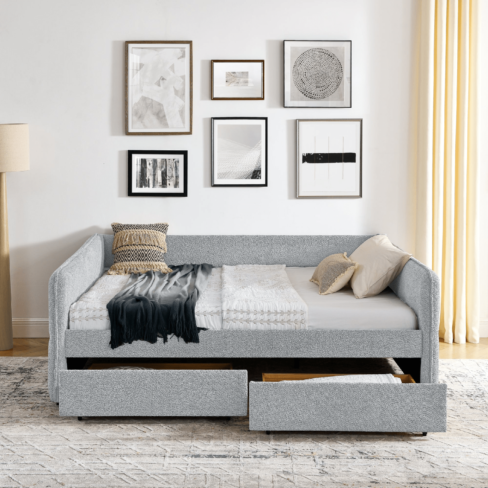 Queen Size Upholstered Tufted Daybed with Trundle & Storage Drawers – Grey Boucle Fabric - AnelityDaybed with TrundleW1413S00073 - 36061507