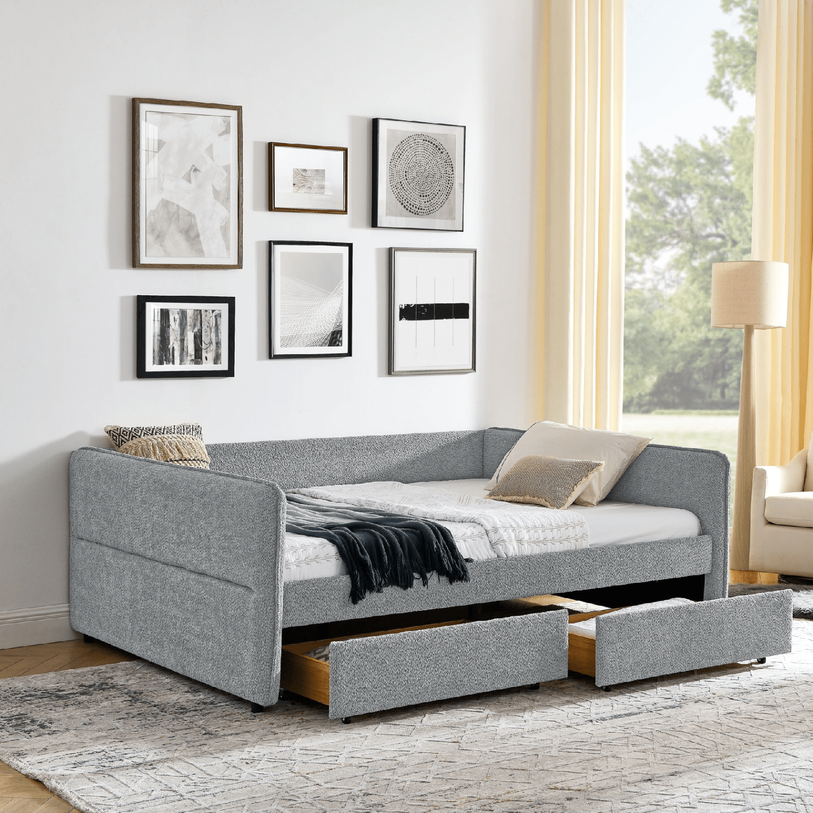 Queen Size Upholstered Tufted Daybed with Trundle & Storage Drawers – Grey Boucle Fabric - AnelityDaybed with TrundleW1413S00073 - 36061507