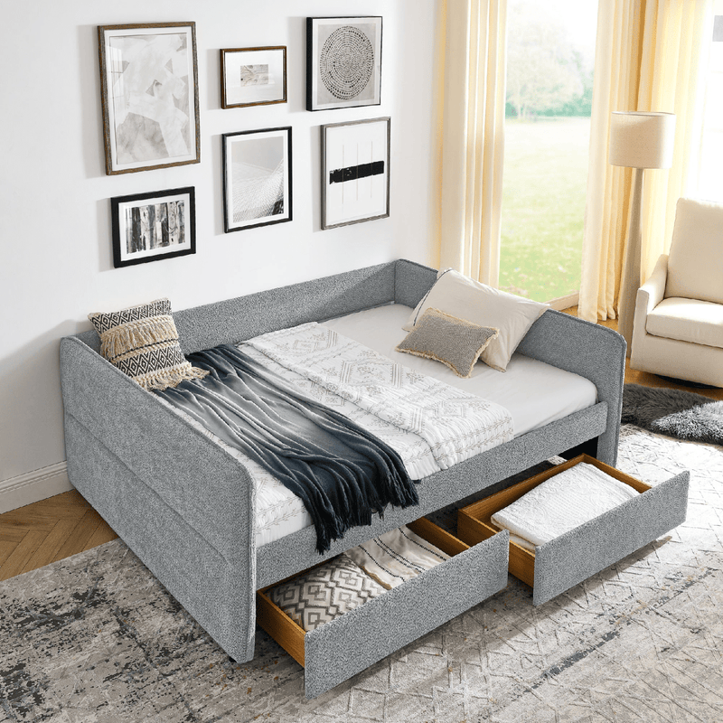Elegant Daybed with Trundle & Drawers, Queen Size, Upholstered Tufted Sofa Bed in Grey Boucle Fabric - Perfect for Living Rooms, Bedrooms, and Offices