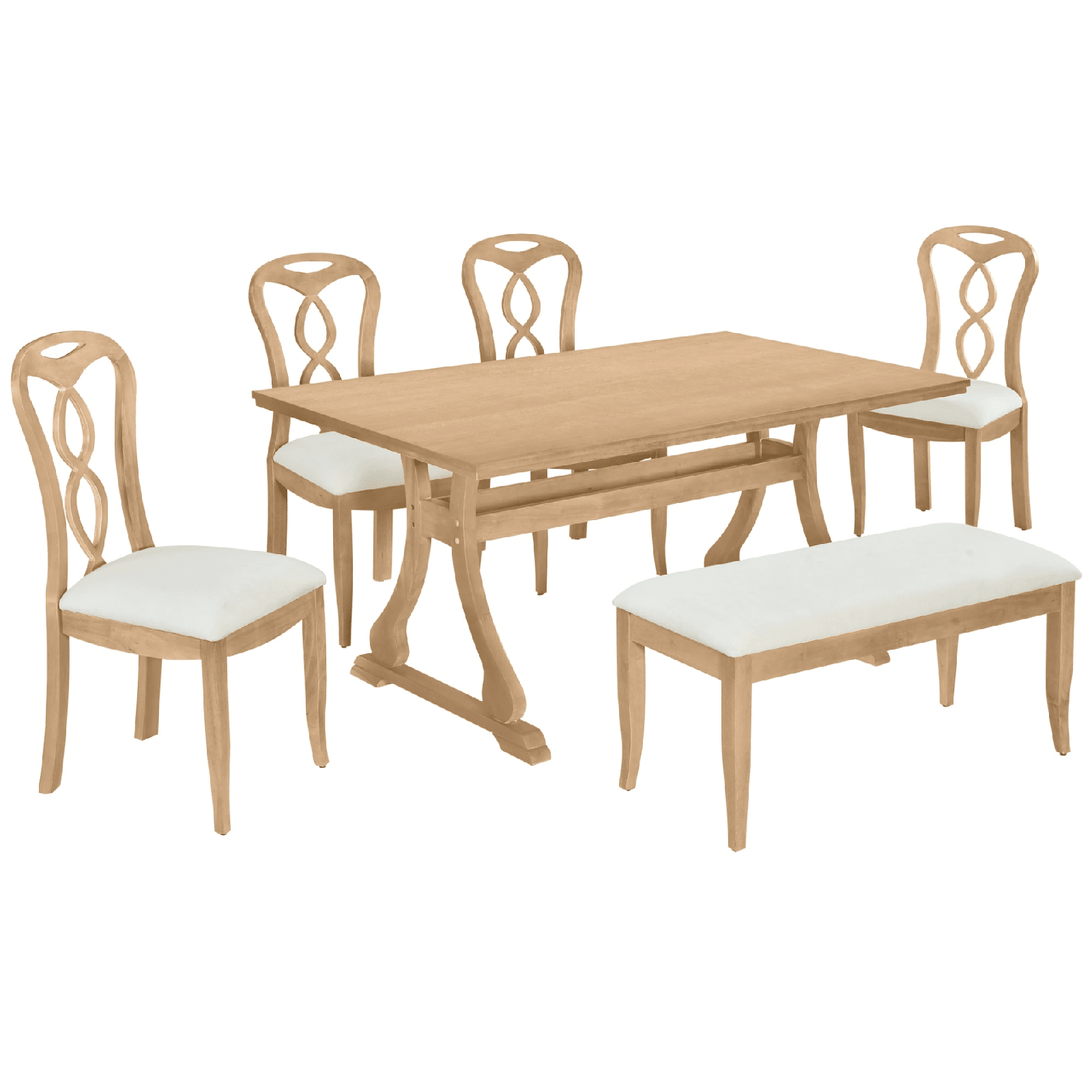 Retro 6 - Piece Trestle Dining Table Set with Upholstered Chairs & Bench – Natural Wood - AnelityDining Table SetSP000052AAA - 36067522