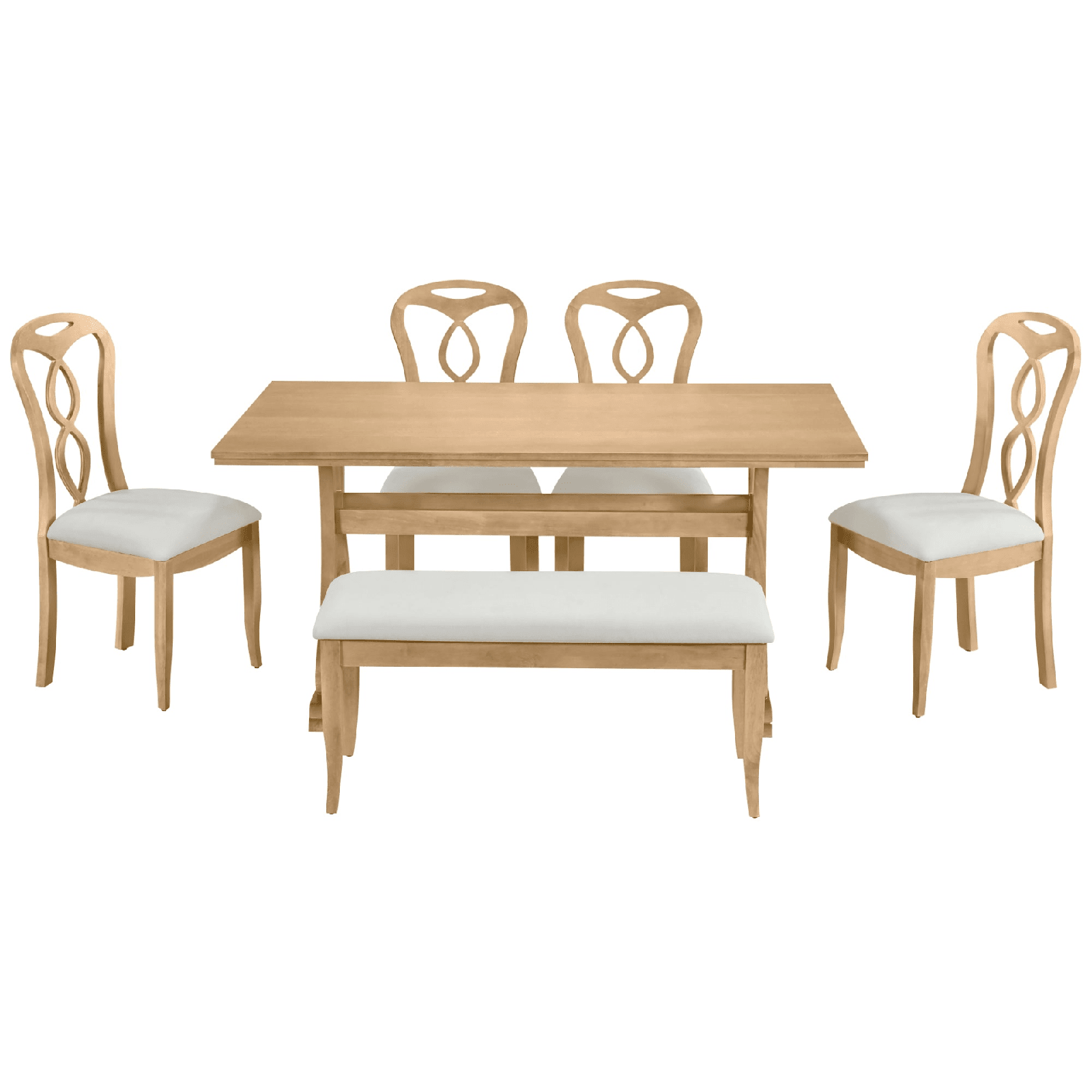 Retro 6 - Piece Trestle Dining Table Set with Upholstered Chairs & Bench – Natural Wood - AnelityDining Table SetSP000052AAA - 36067522