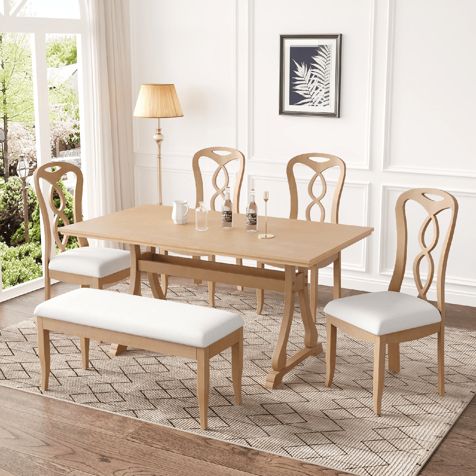 Retro 6 - Piece Trestle Dining Table Set with Upholstered Chairs & Bench – Natural Wood - AnelityDining Table SetSP000052AAA - 36067522