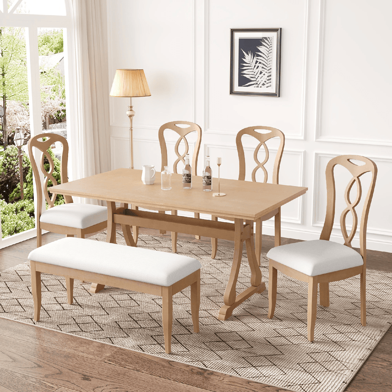 Retro 6-Piece Dining Set – Natural Wood with Bench