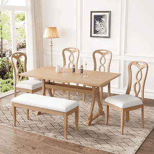 Retro 6 - Piece Trestle Dining Table Set with Upholstered Chairs & Bench – Natural Wood - AnelityDining Table SetSP000052AAA - 36067522