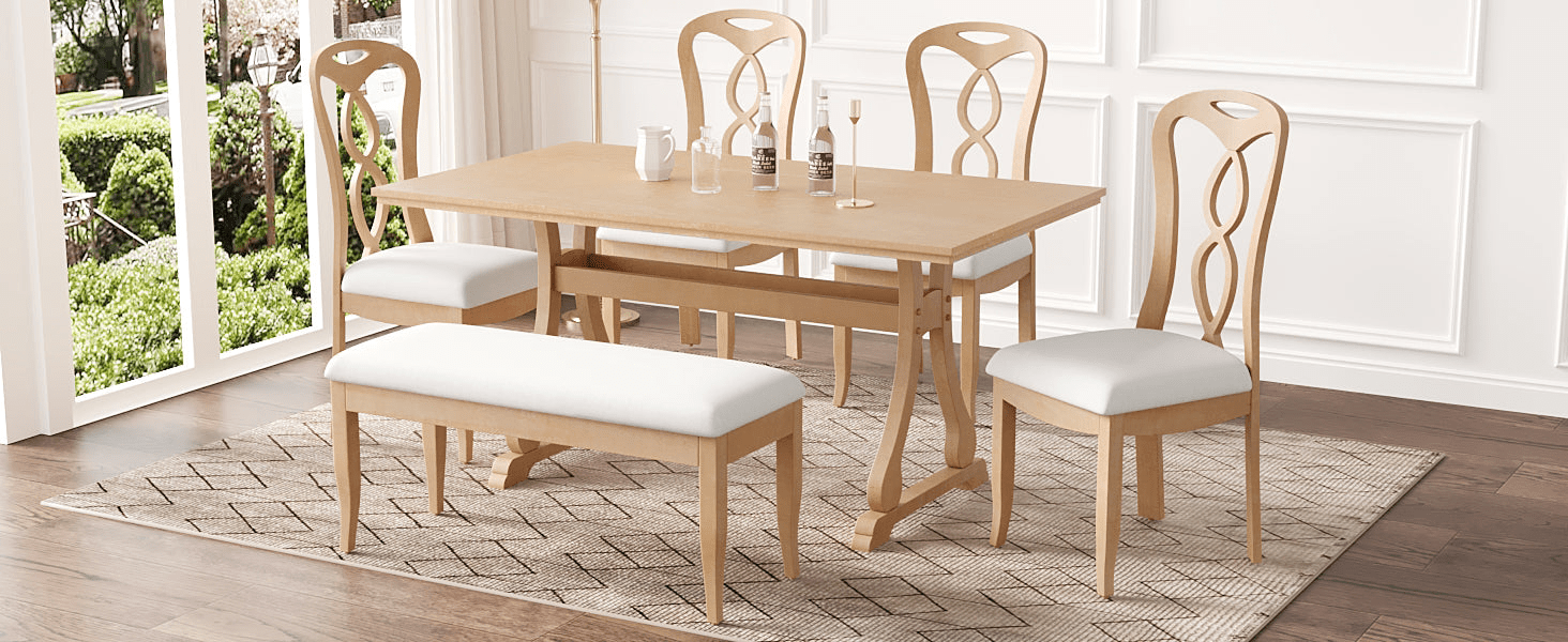 Retro 6 - Piece Trestle Dining Table Set with Upholstered Chairs & Bench – Natural Wood - AnelityDining Table SetSP000052AAA - 36067522