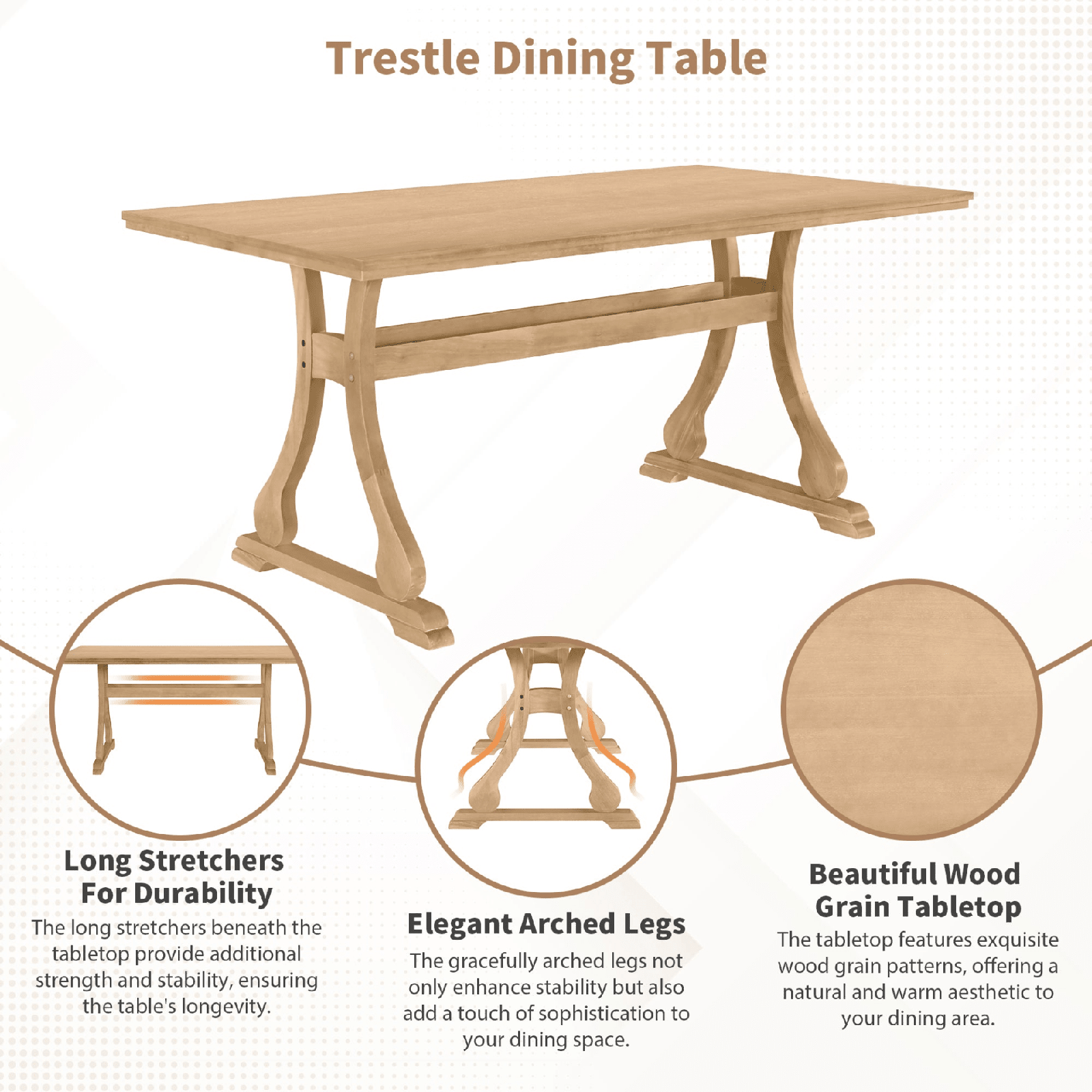 Retro 6 - Piece Trestle Dining Table Set with Upholstered Chairs & Bench – Natural Wood - AnelityDining Table SetSP000052AAA - 36067522