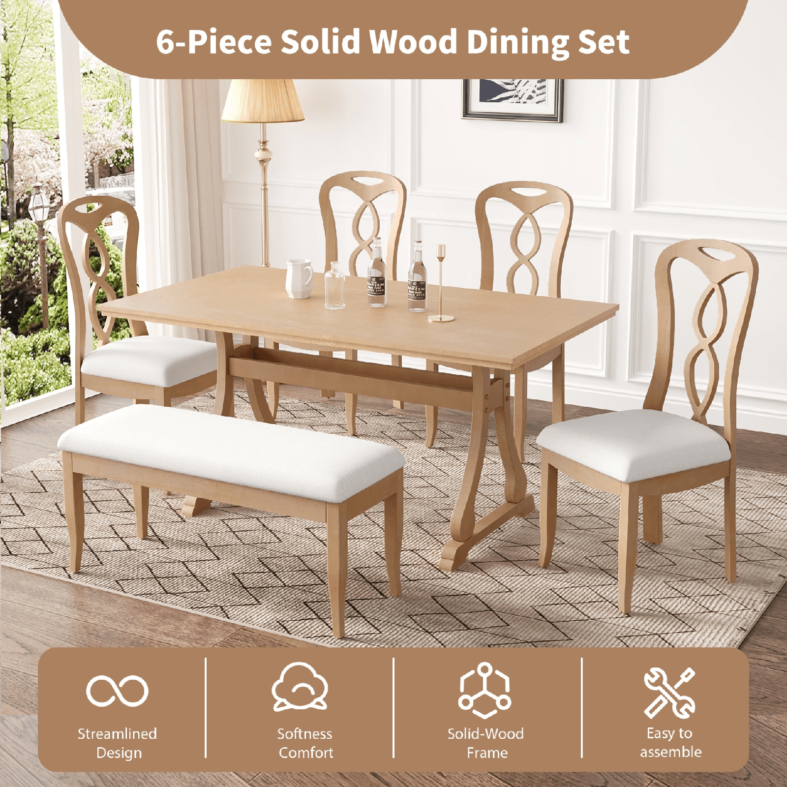 Retro 6 - Piece Trestle Dining Table Set with Upholstered Chairs & Bench – Natural Wood - AnelityDining Table SetSP000052AAA - 36067522