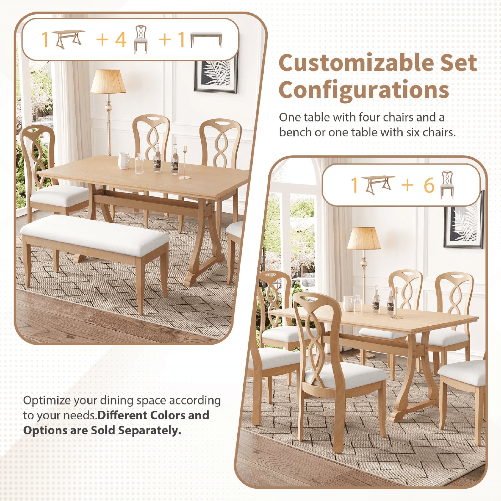 Retro 6 - Piece Trestle Dining Table Set with Upholstered Chairs & Bench – Natural Wood - AnelityDining Table SetSP000052AAA - 36067522