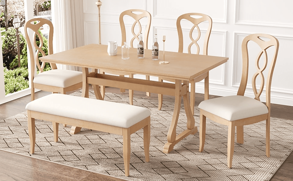 Retro 6 - Piece Trestle Dining Table Set with Upholstered Chairs & Bench – Natural Wood - AnelityDining Table SetSP000052AAA - 36067522