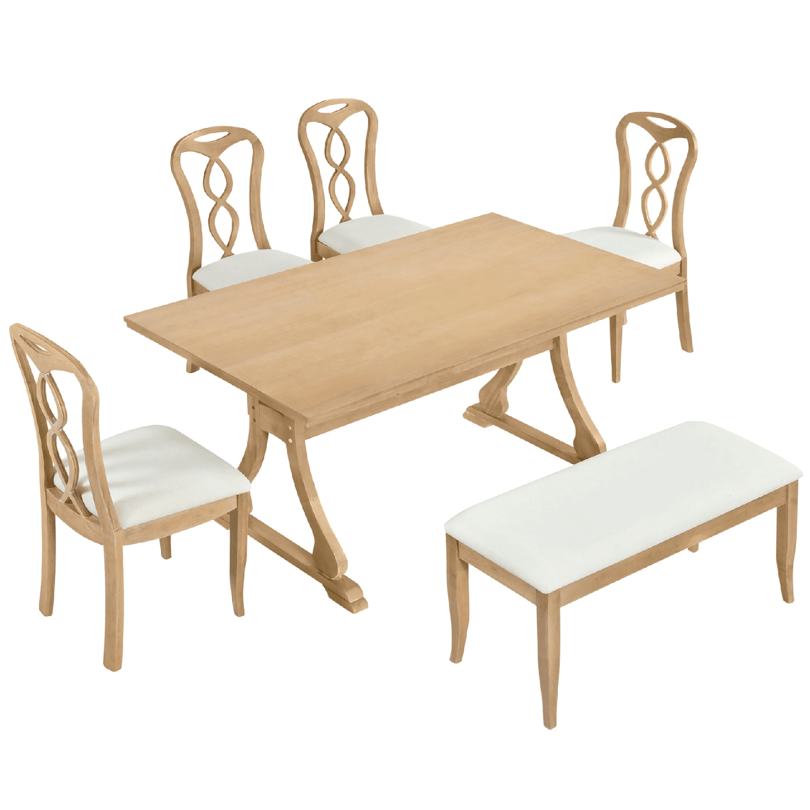 Retro 6 - Piece Trestle Dining Table Set with Upholstered Chairs & Bench – Natural Wood - AnelityDining Table SetSP000052AAA - 36067522