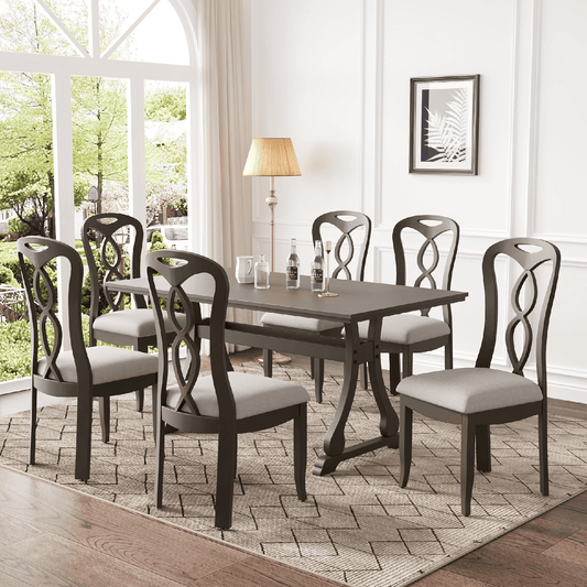 Retro 7 - Piece Trestle Dining Table Set with Upholstered Chairs – Gray - AnelityDining Table SetSP000053AAE - 36067570