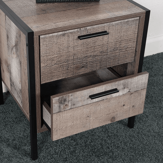 Rustic Two Drawer Night Stand with Metal Frame and Legs – Industrial Style Bedroom Furniture - 