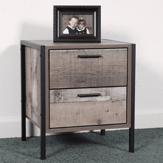 Rustic Two Drawer Night Stand with Metal Frame and Legs – Industrial Style Bedroom Furniture - 