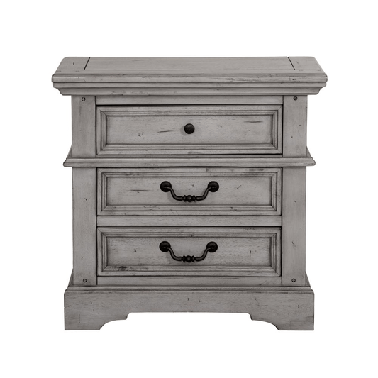 Stonebrook Nightstand - Antique Gray Finish - Abundant Storage - Hammered Metal Knobs - 