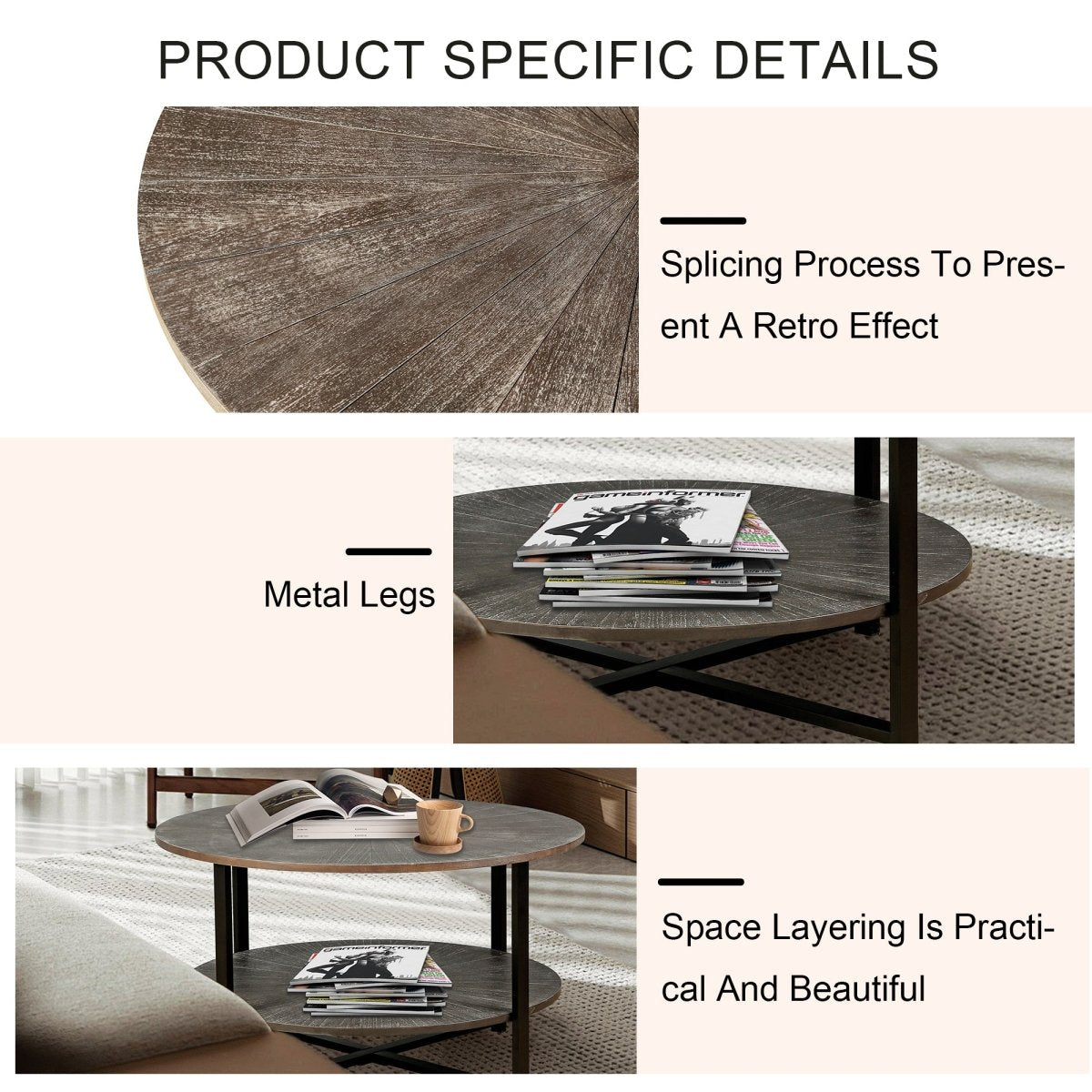 Two - Tier Round Coffee Table with Vintage Wood Pattern - Coffee Table