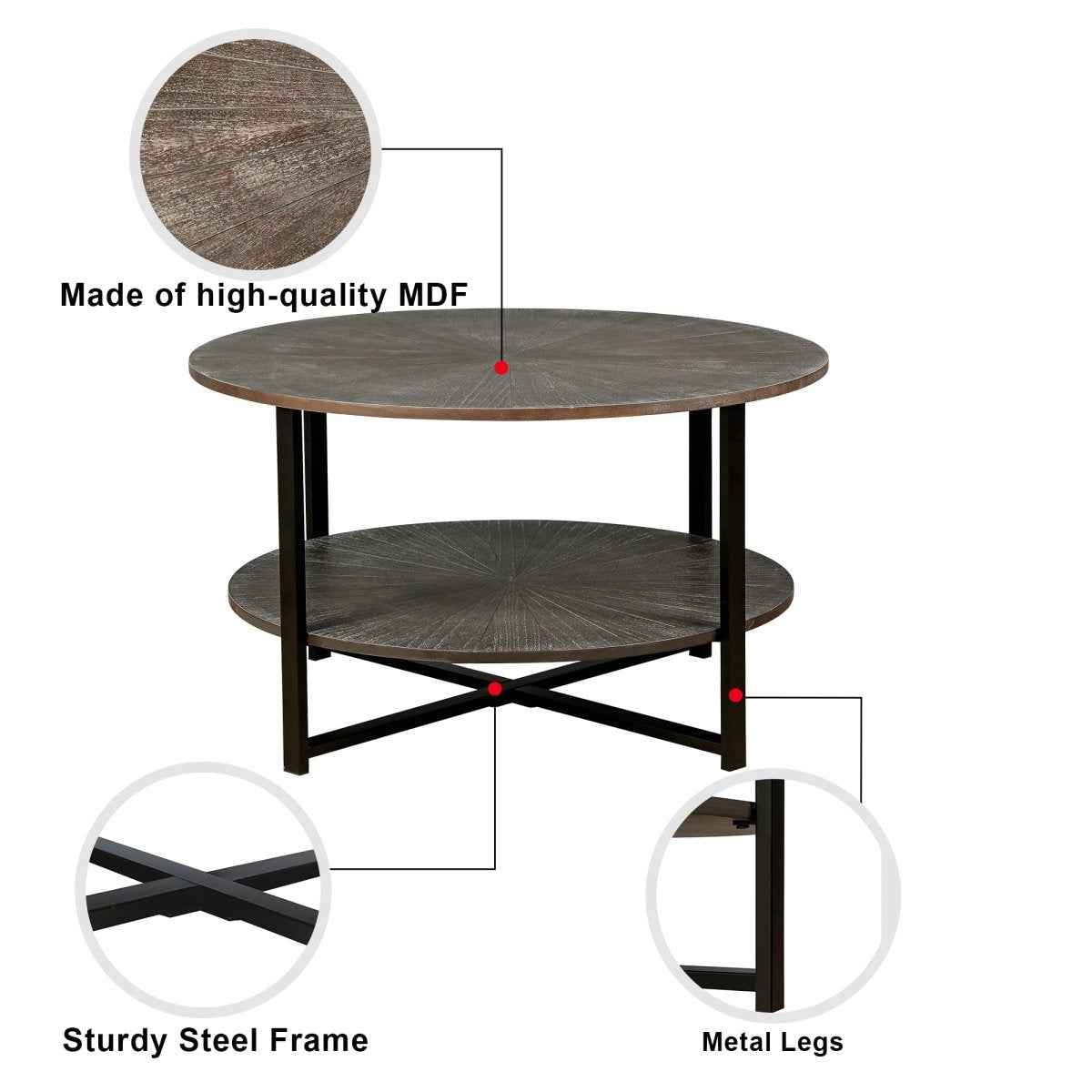 Two - Tier Round Coffee Table with Vintage Wood Pattern - Coffee Table