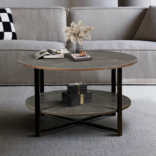 Two - Tier Round Coffee Table with Vintage Wood Pattern - Coffee Table