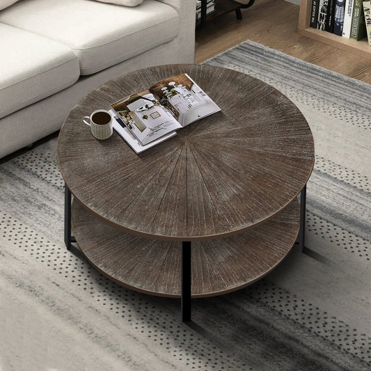 Two - Tier Round Coffee Table with Vintage Wood Pattern - Coffee Table