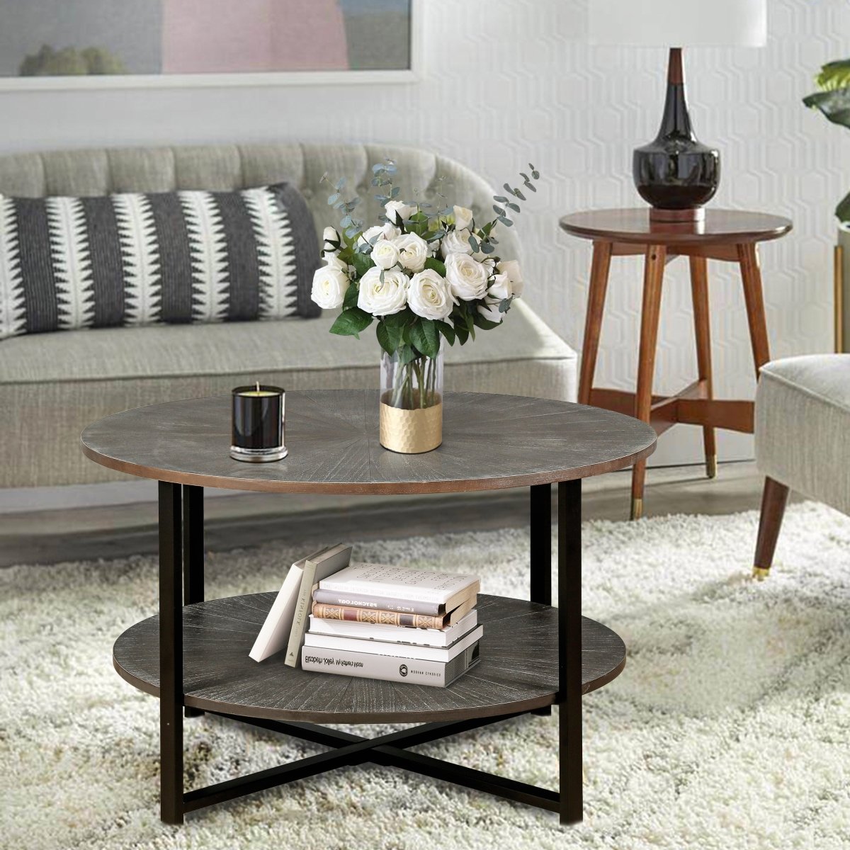 Two - Tier Round Coffee Table with Vintage Wood Pattern - Coffee Table