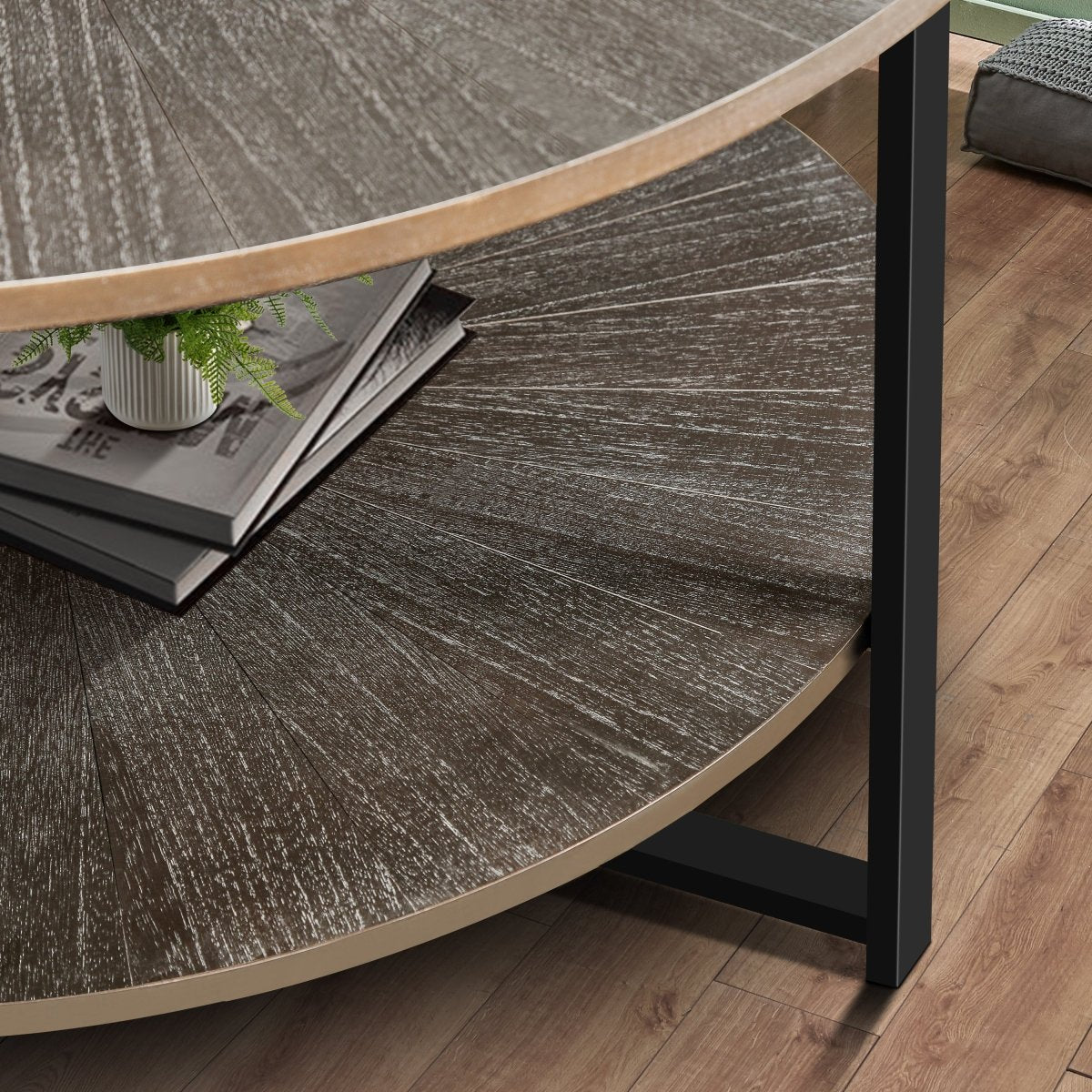 Two - Tier Round Coffee Table with Vintage Wood Pattern - Coffee Table