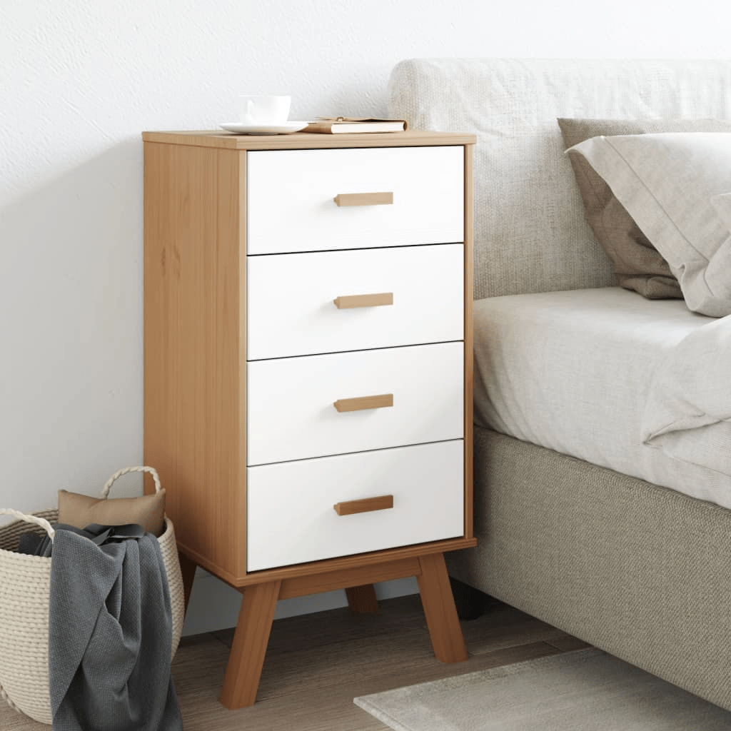 vidaXL Bedside Cabinet OLDEN - White and Brown Solid Pine Wood Nightstand - Nightstand