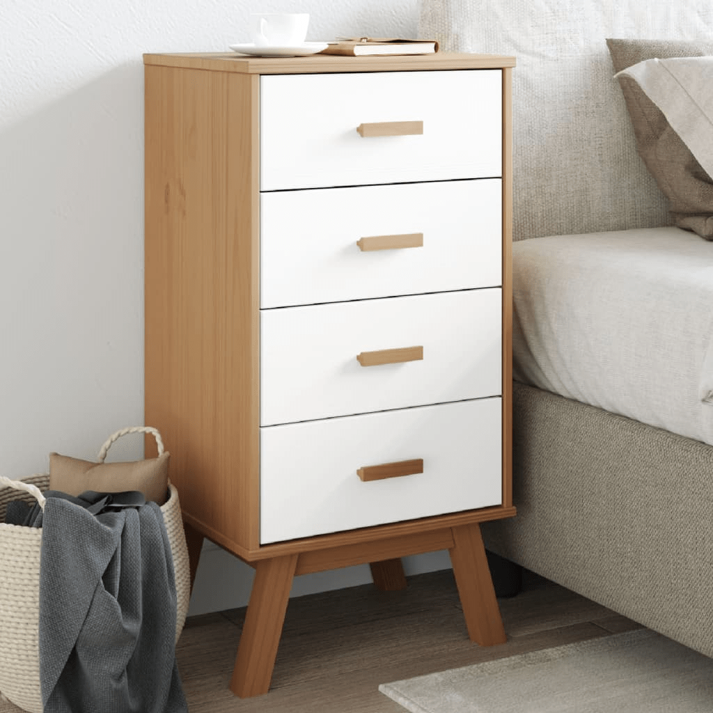 vidaXL Bedside Cabinet OLDEN - White and Brown Solid Pine Wood Nightstand - Nightstand