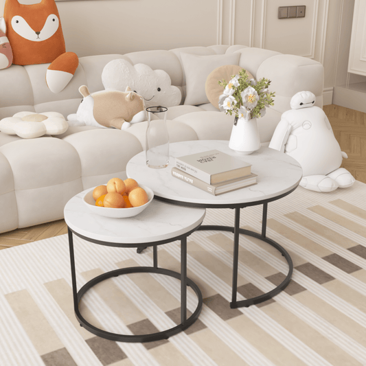 White Nesting Coffee Table Set with Marble Finish - Coffee Table Set